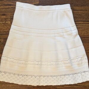 Saks Fifth Avenue Knit Cream A-Line Skirt with Lace Detail